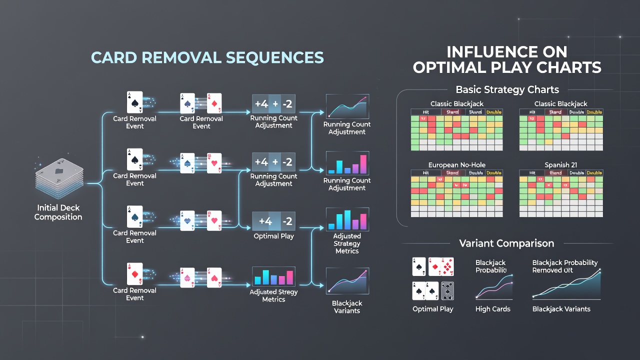 Chart comparing optimal play adjustments due to card removals in single-deck versus multi-deck blackjack