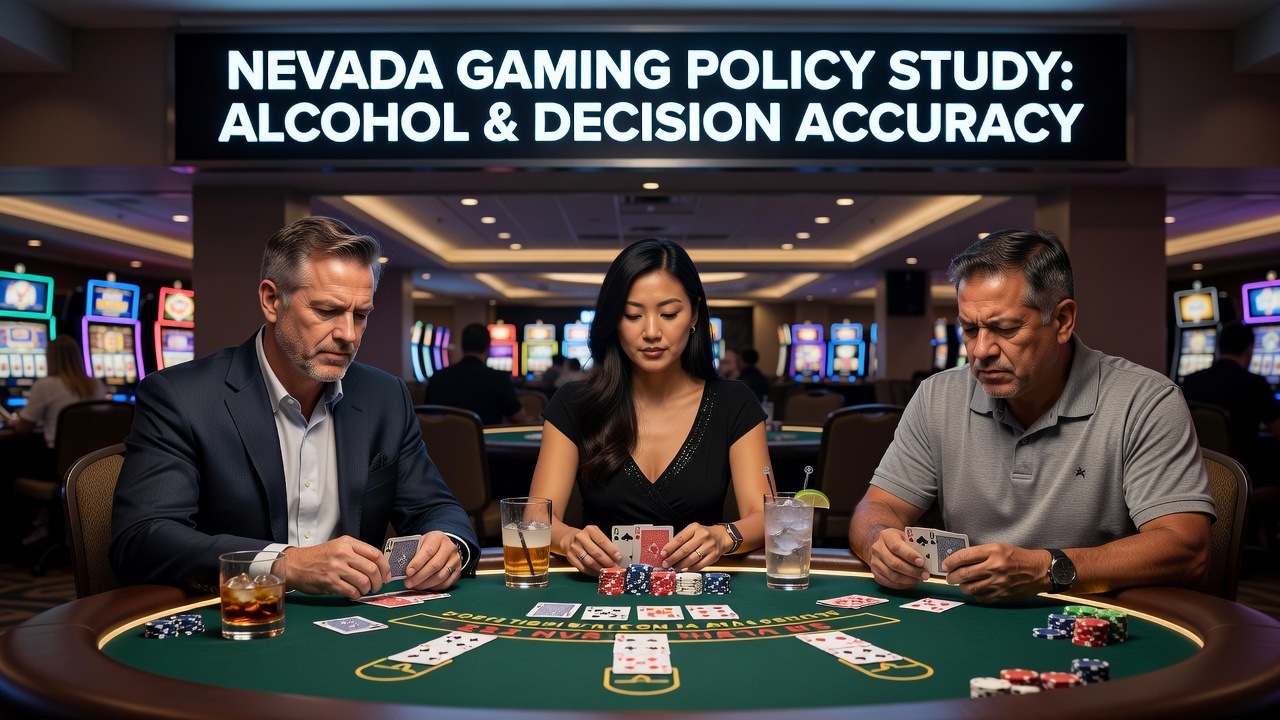Blackjack table in a Nevada casino with players and visible alcohol service protocols