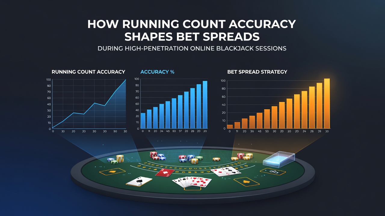 Illustration of running count tracking interface during an online blackjack session with multiple decks displayed