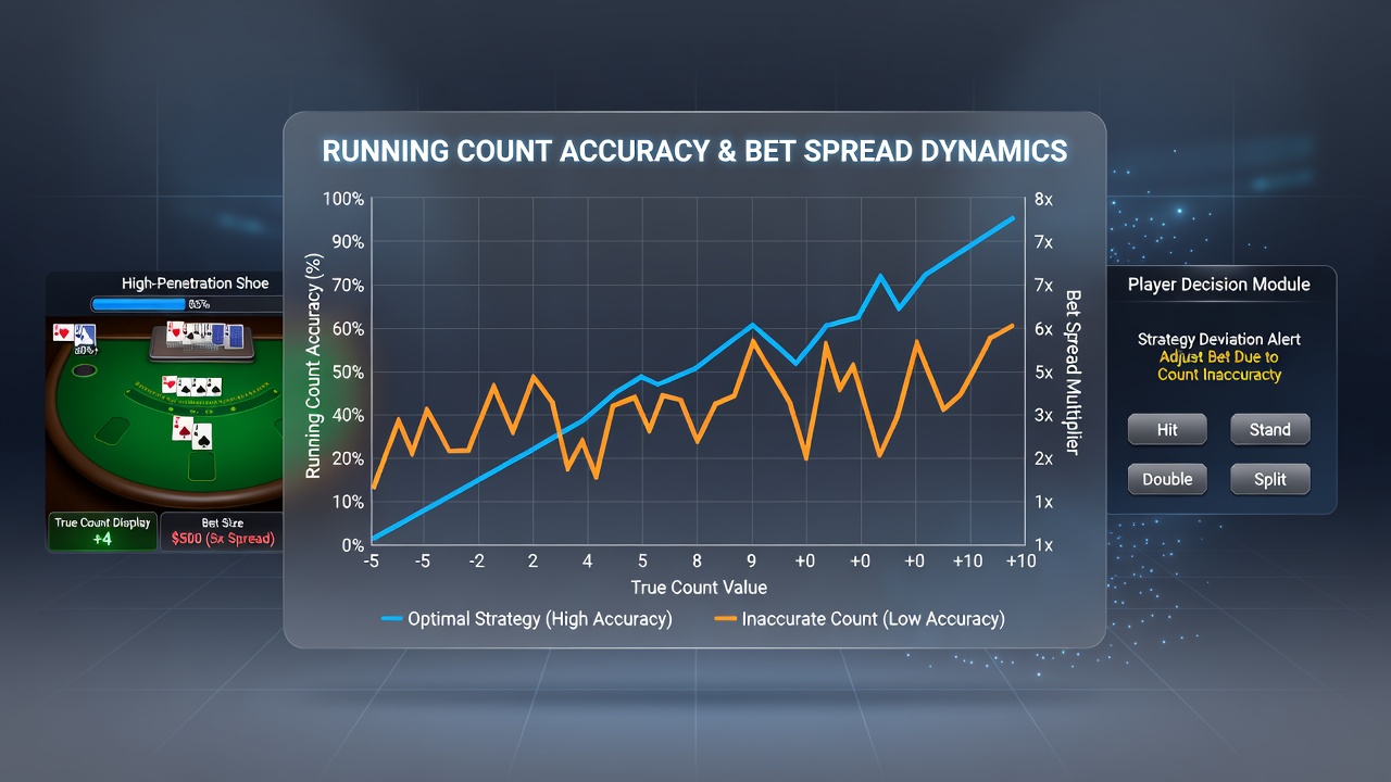 Chart displaying bet spread adjustments correlated with running count accuracy levels in high-penetration blackjack