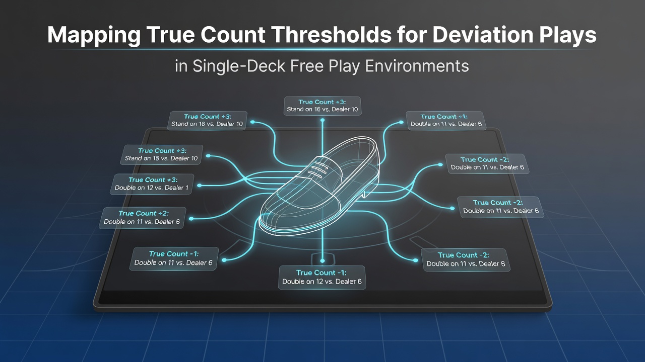 Diagram showing true count thresholds mapped across single-deck blackjack deviation plays in free play settings