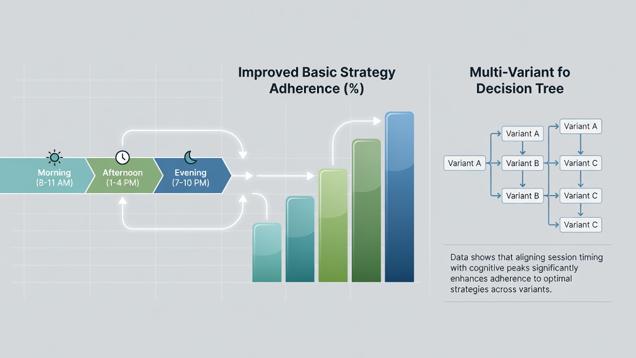 Online blackjack interface showing session timing and strategy adherence metrics