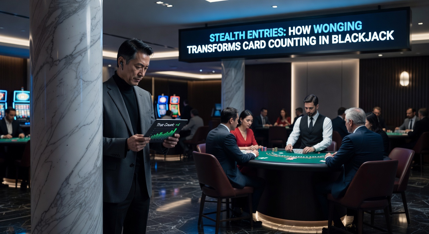 Illustration of a player discreetly entering a blackjack table mid-shoe, with count indicators overlayed