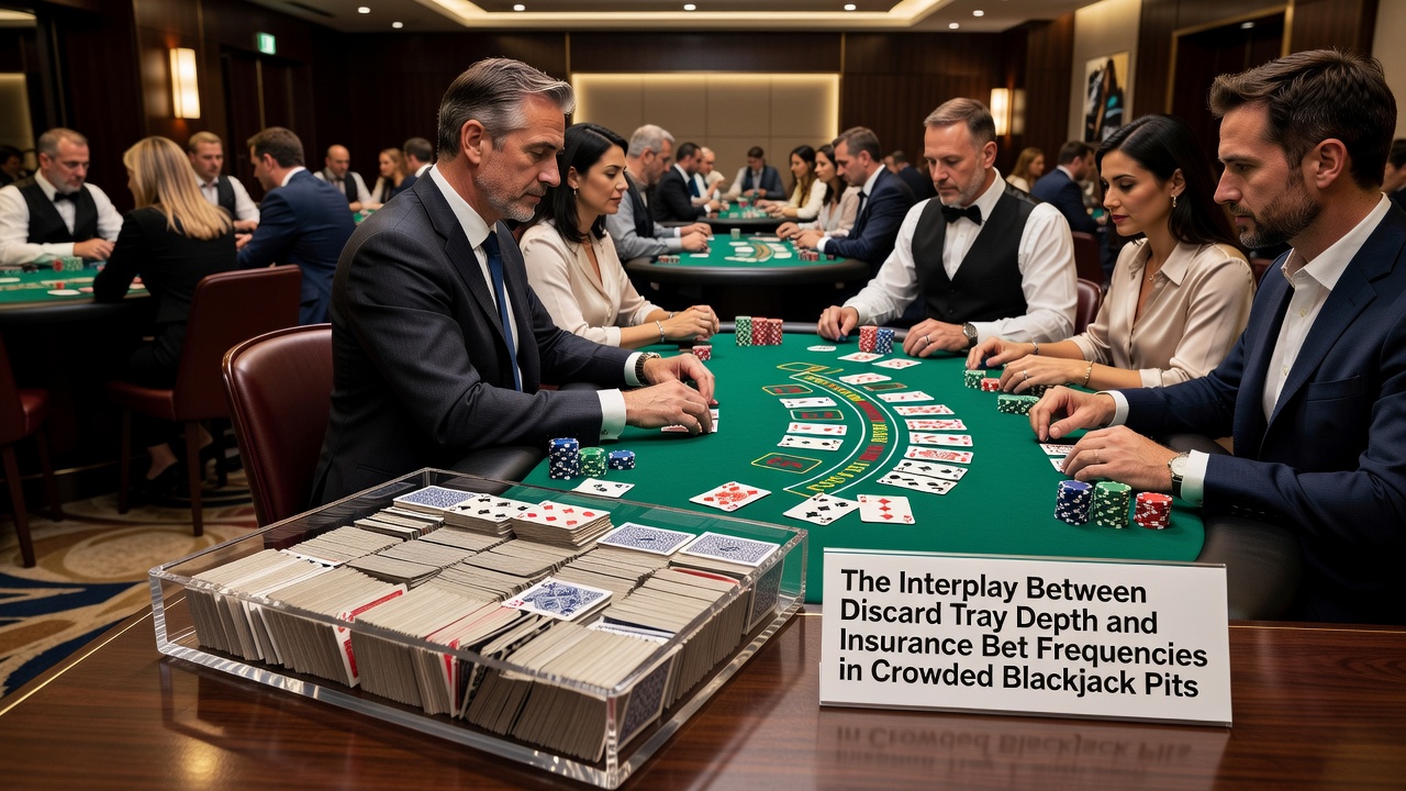 Blackjack table with visible discard tray in a crowded casino pit