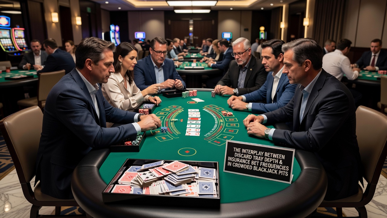 Close-up of blackjack discard tray showing card depth during active play
