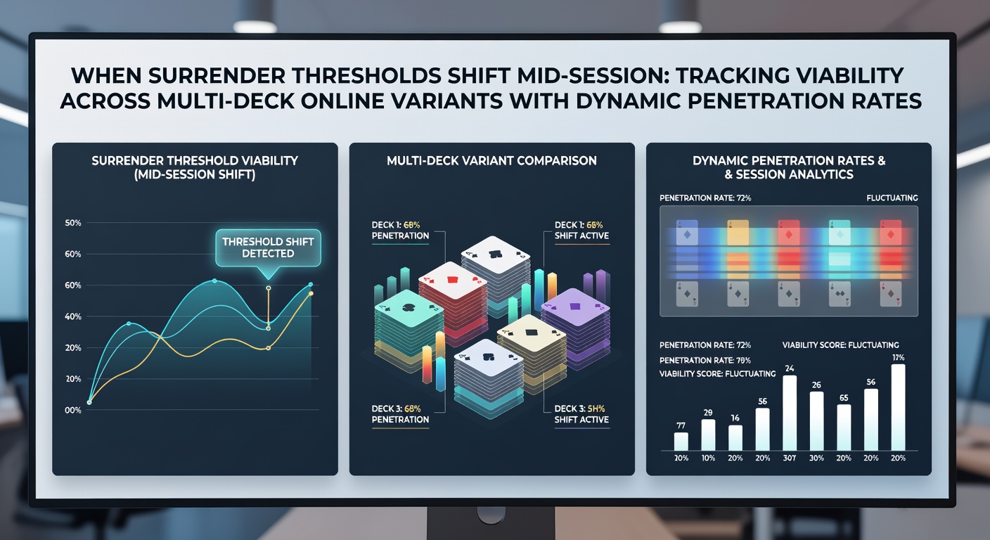 Online blackjack interface displaying multi-deck layout with surrender prompt and real-time penetration indicator